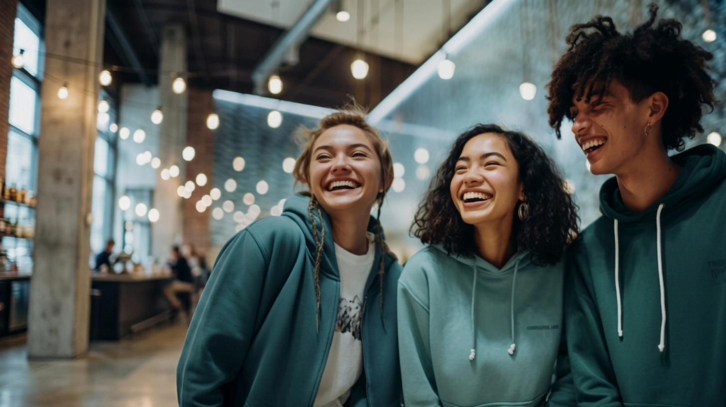 Trois amis souriants dans une galerie commerçante